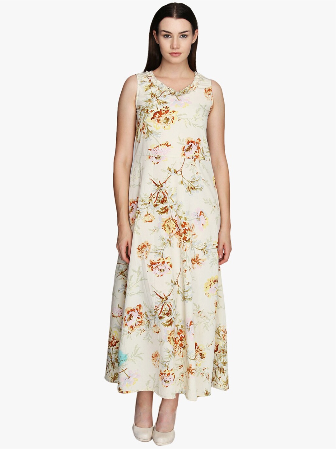 

DODO & MOA Women Yellow Floral Crepe Western Maxi Dress