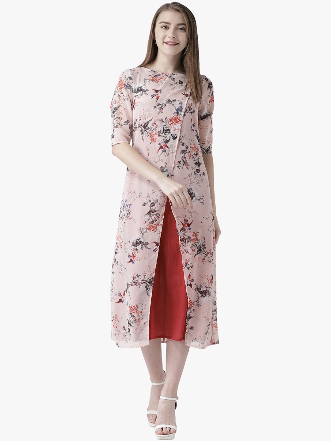 

DODO & MOA Women Peach-Coloured & Red Floral Georgette A-Line Midi Dress