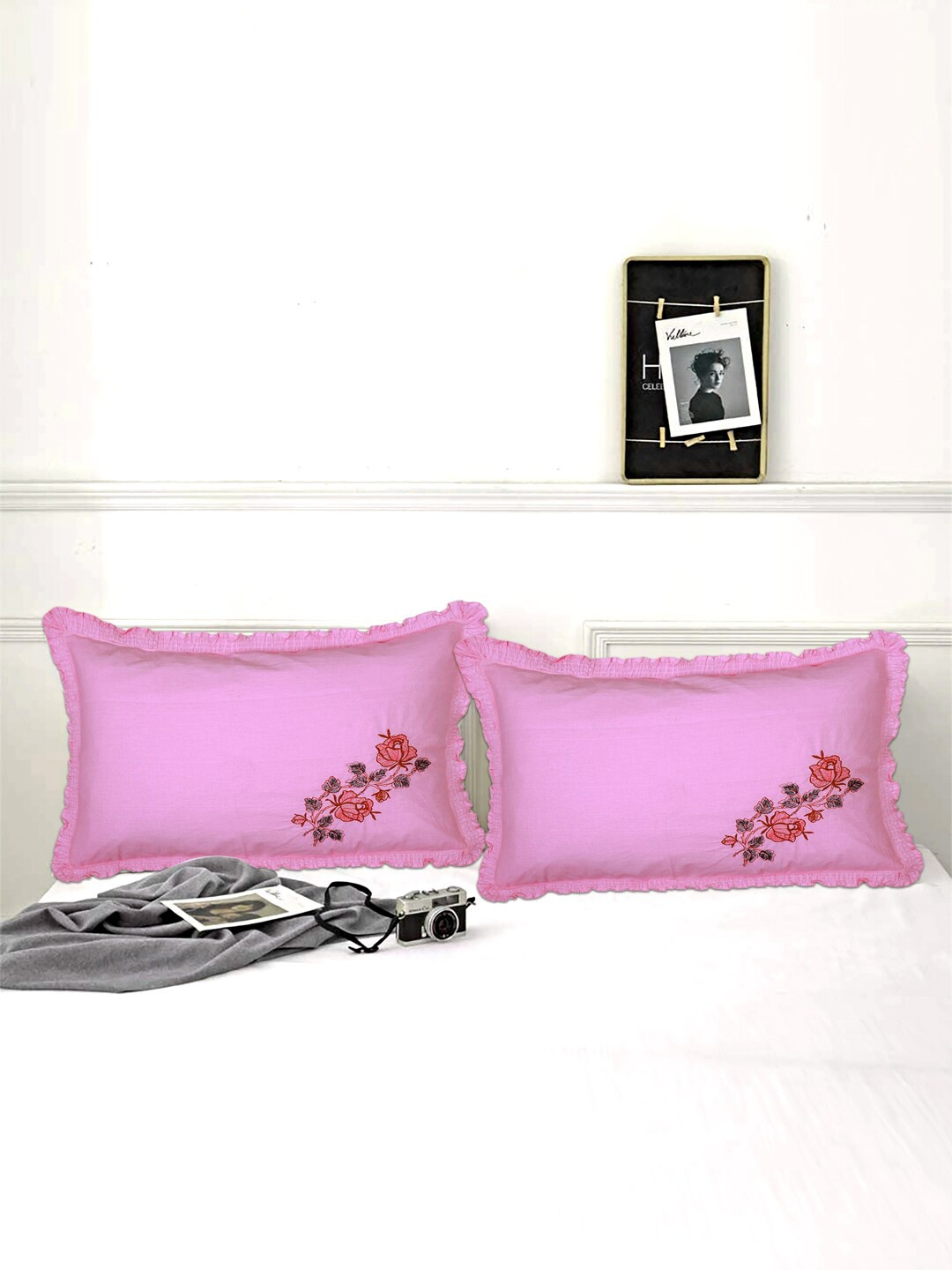 

Kuber Industries Set Of 6 Embroidered Cotton Pillow Covers, Pink