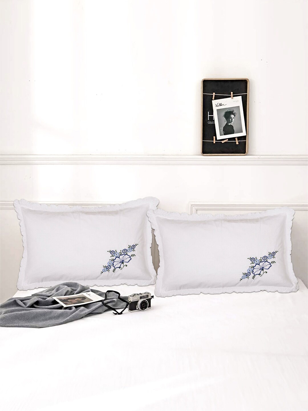 

Kuber Industries Set Of 6 White & Blue Embroidered Pure Cotton Pillow Covers