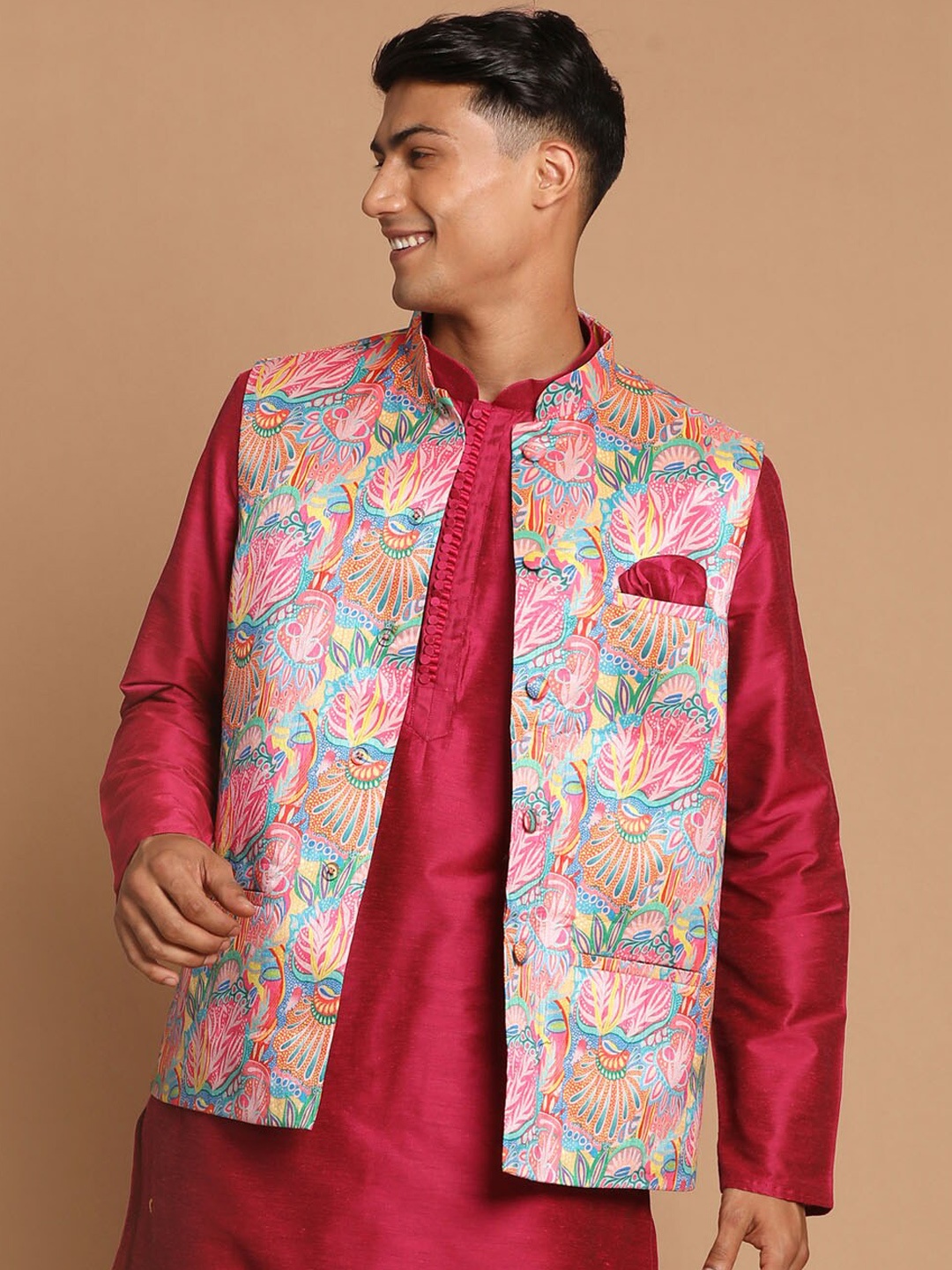 

VASTRAMAY Men Pink & Blue Digital Printed Satin Slim-Fit Nehru Jacket