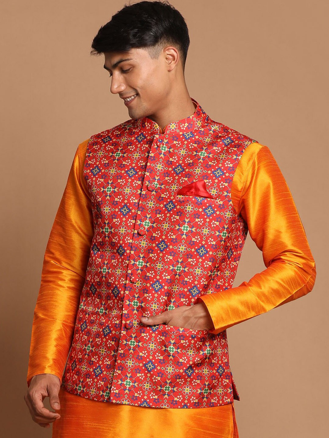 

VASTRAMAY Men Maroon Printed Slim Fit Nehru Jackets