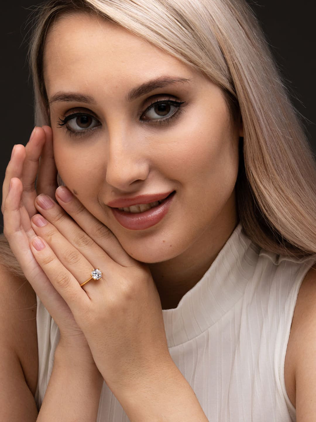 

PALMONAS Women 925 sterling silver 18K Gold-Plated White Solitaire Studded Finger Ring