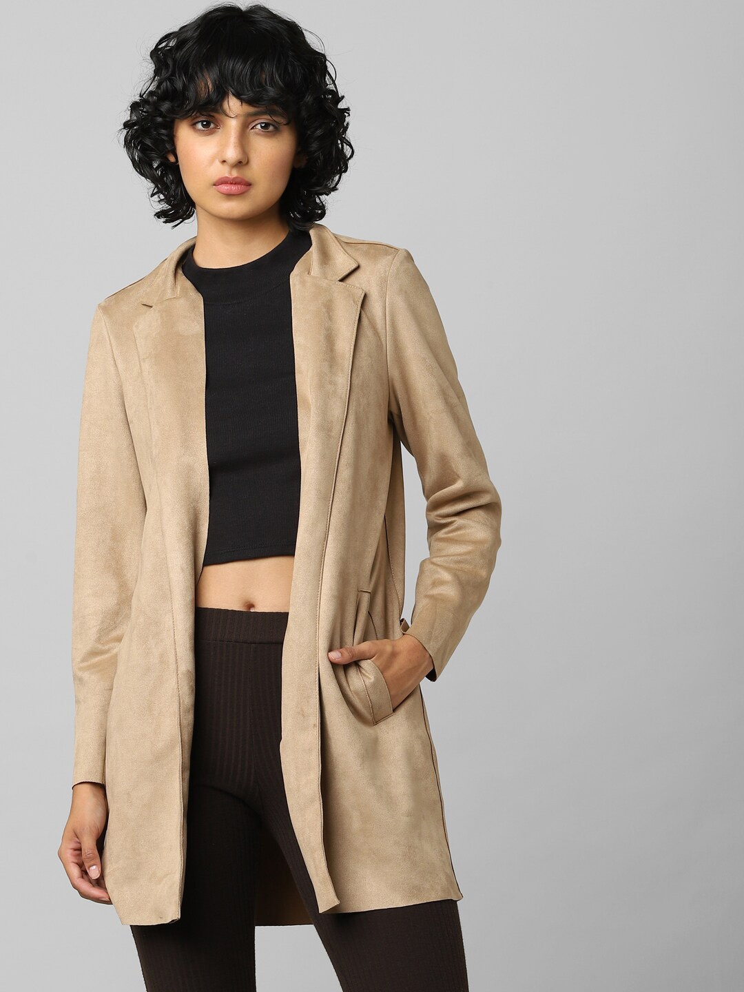 

ONLY Women Beige Solid Suede Winter Overcoat