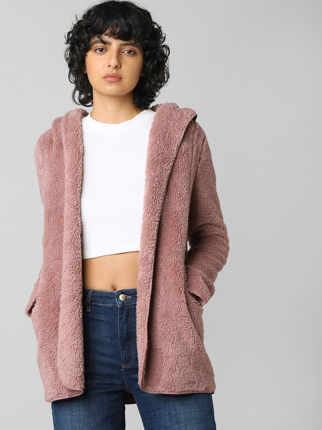 

ONLY Women Rose Pink Self-Design Hooded Open-Front Coat