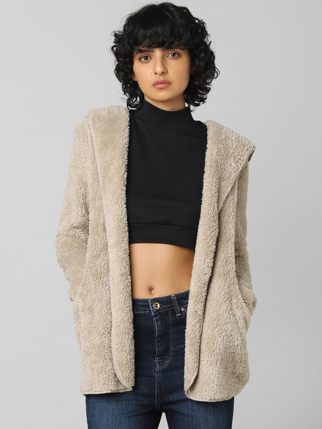 

ONLY Women Beige Solid Hooded Sherpa Coats