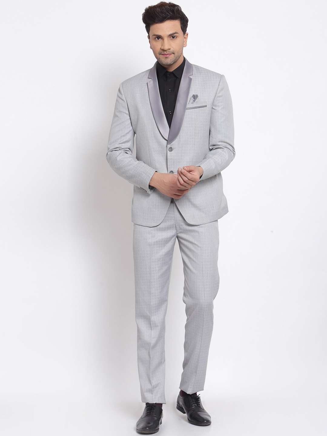 

KLOTTHE Men Grey Checked Single-Breasted Two-Piece Party Suit