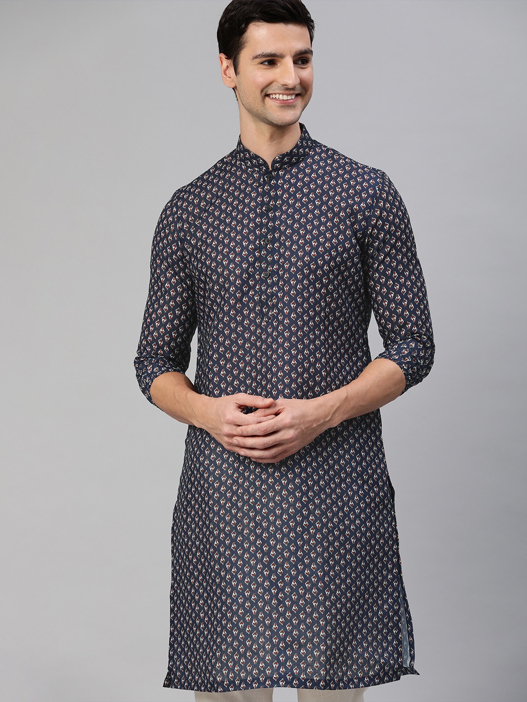 

Manthan Men Navy Blue Ethnic Motifs Printed Kurta