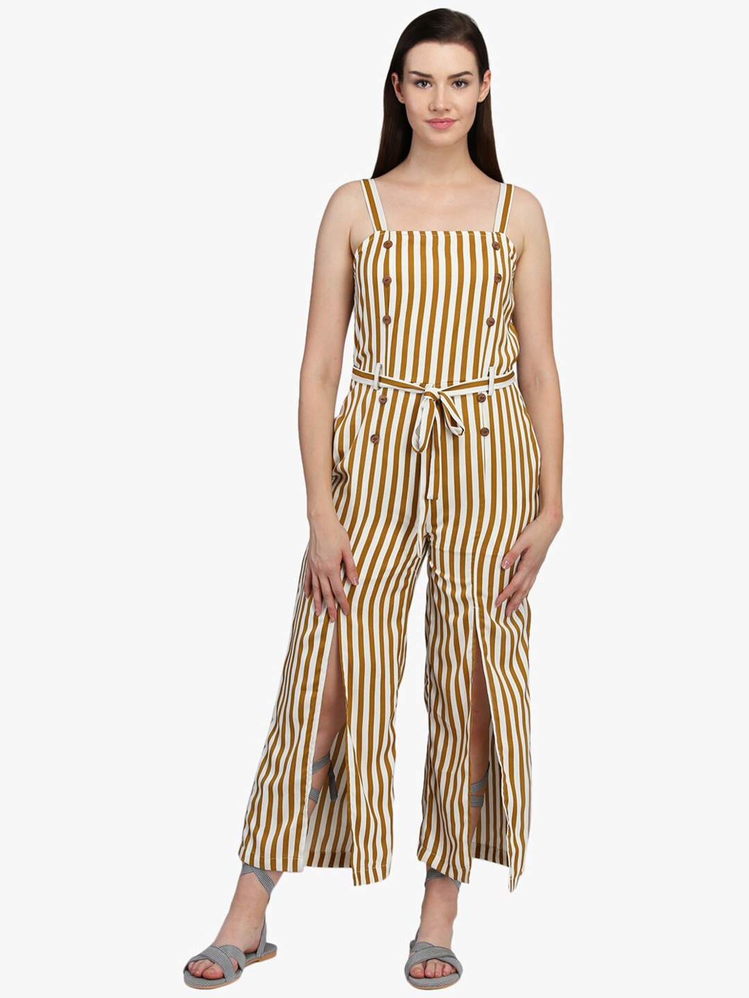 

DODO & MOA Beige & Brown Striped Basic Jumpsuit