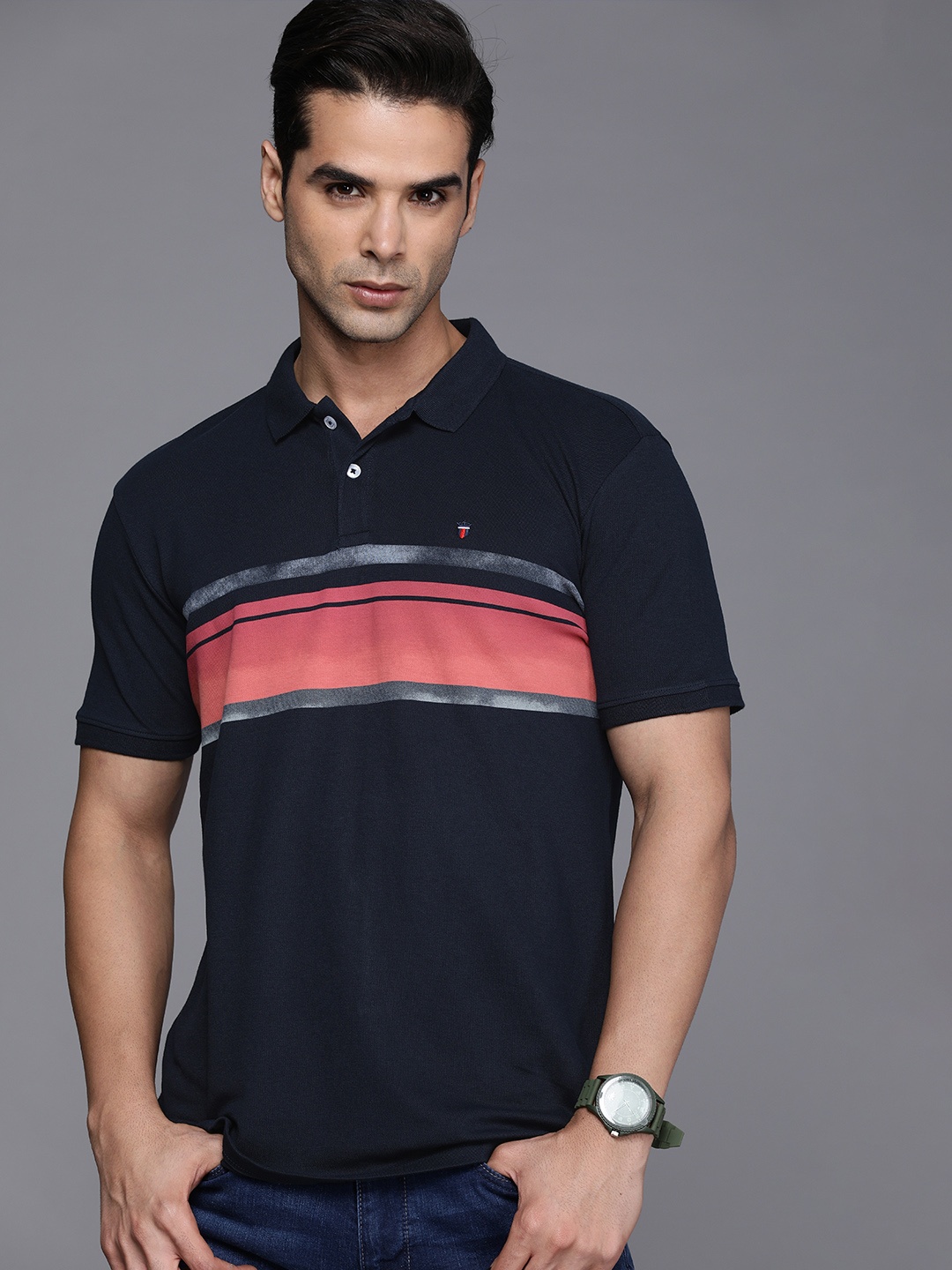 

Louis Philippe Sport Men Navy Blue & Pink Striped Polo Collar T-shirt