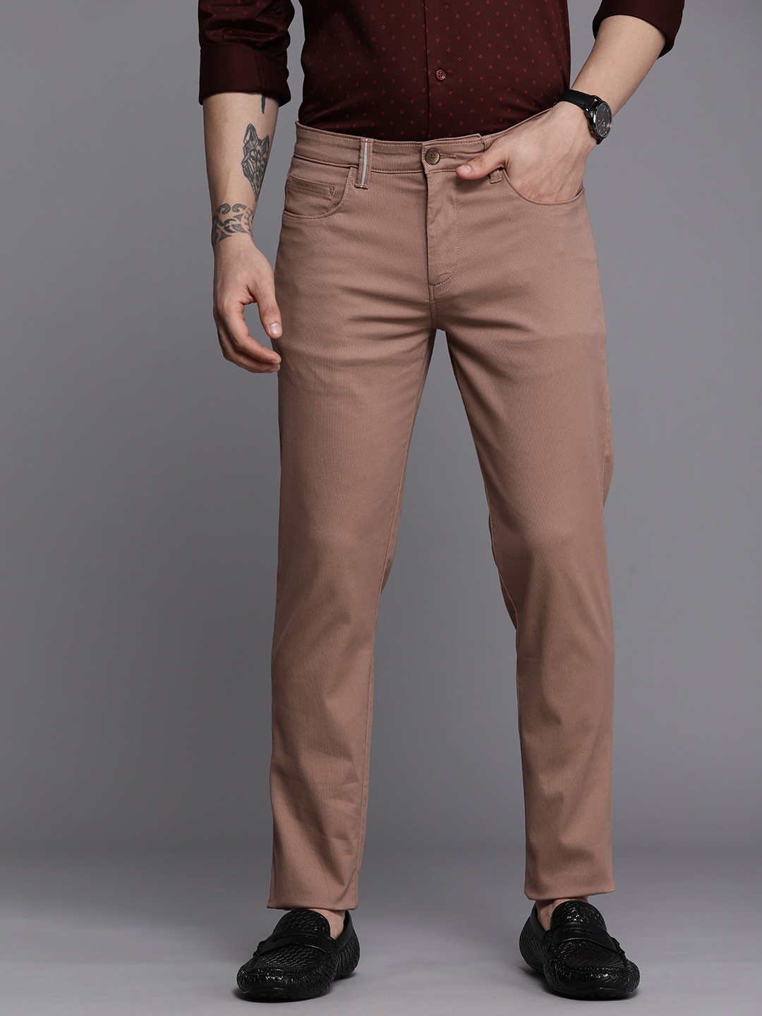 

Louis Philippe Sport Men Brown Solid Smart Fit Low-Rise Trousers