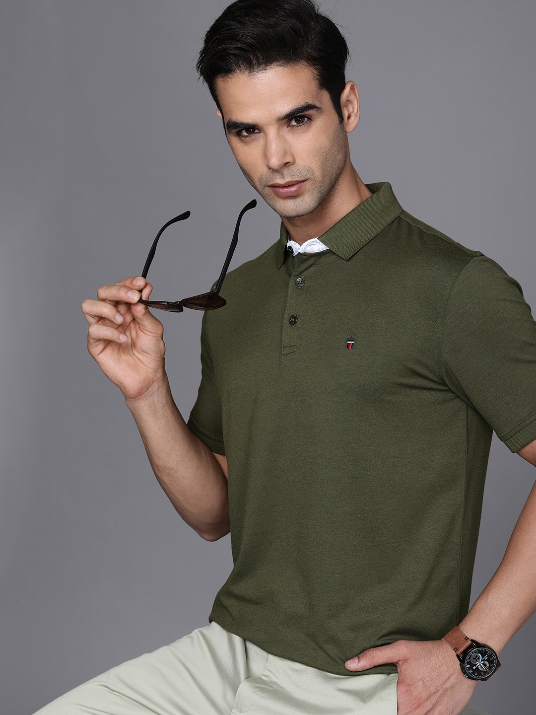 

Louis Philippe Sport Men Olive Green Solid Polo Collar Slim Fit T-shirt