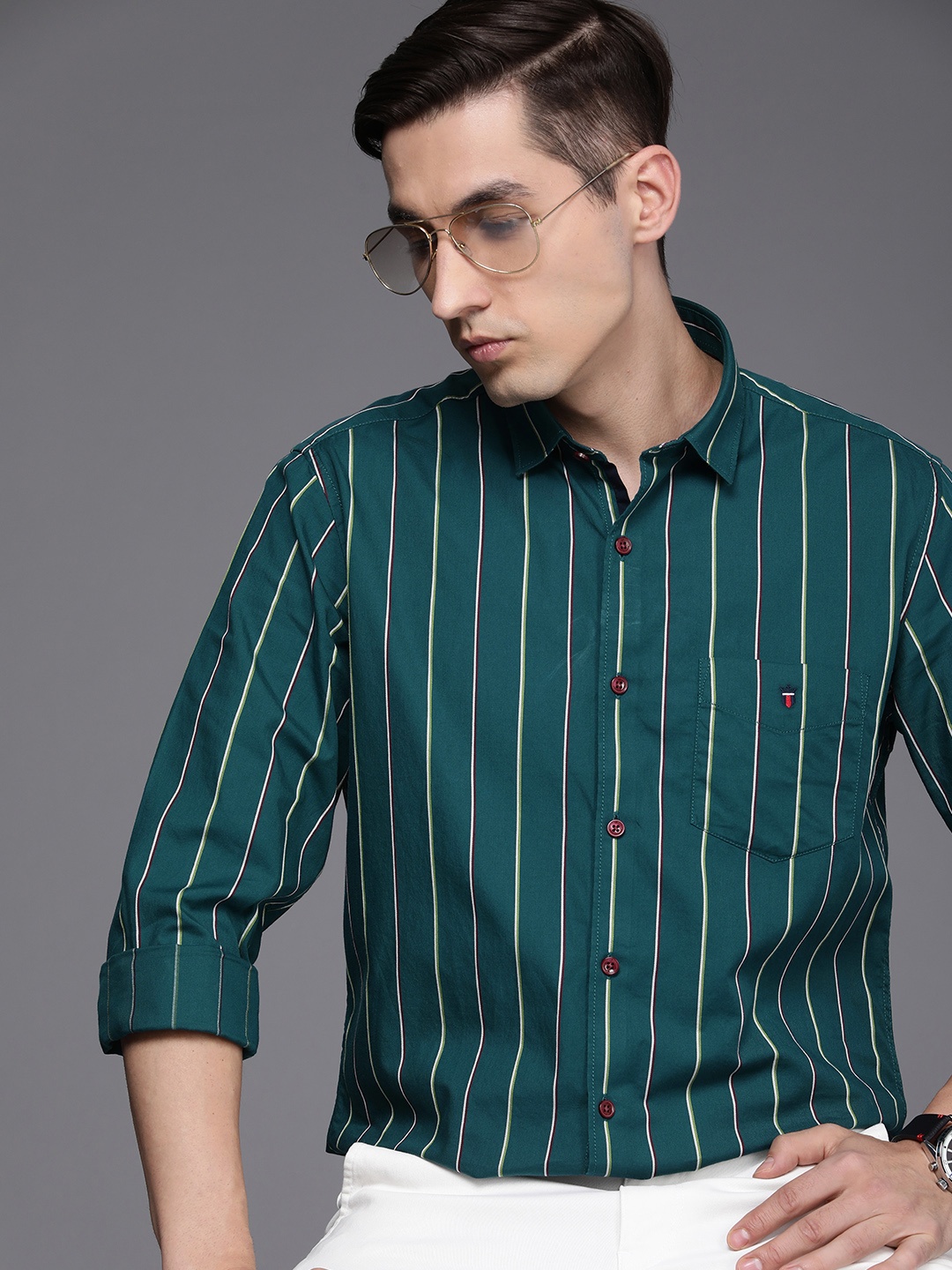 

Louis Philippe Sport Men Green Slim Fit Striped Pure Cotton Casual Shirt