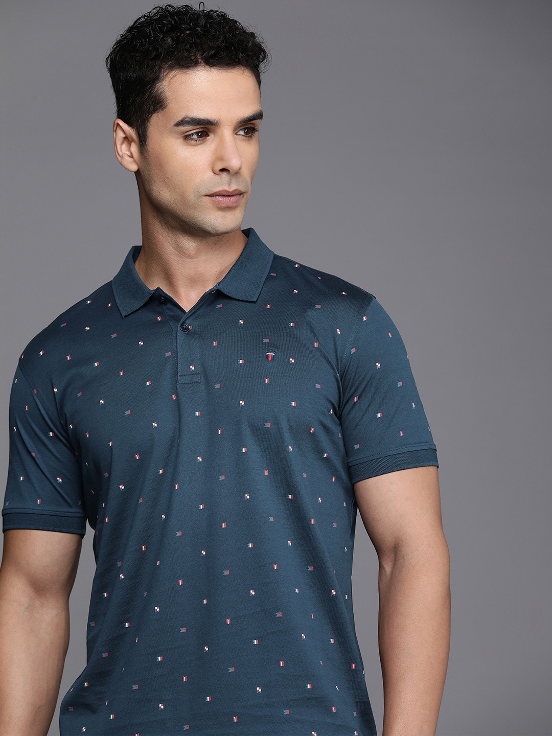 

Louis Philippe Sport Men Printed Polo Collar Pure Cotton Slim Fit T-shirt, Navy blue