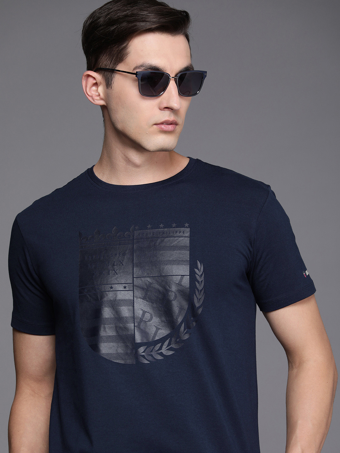 

Louis Philippe Sport Men Navy Blue & Grey Brand Logo Print Slim Fit Knitted T-shirt