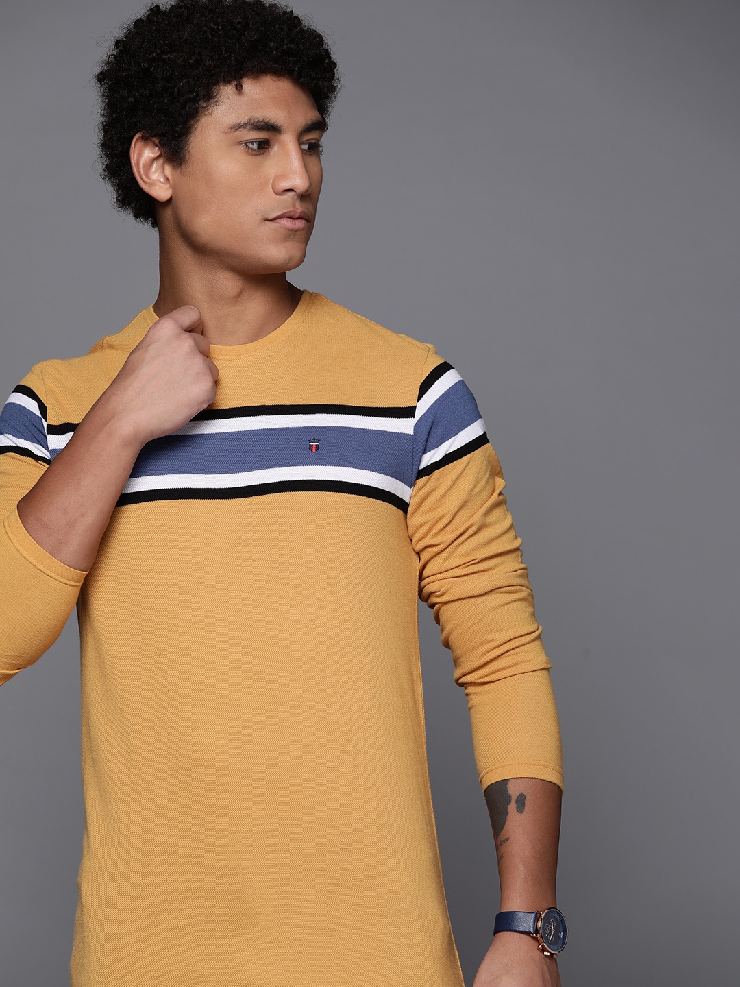 

Louis Philippe Sport Men Yellow & Blue Striped T-shirt