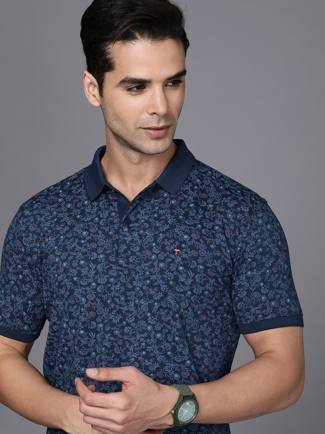 

Louis Philippe Sport Men Navy Blue & Red Floral Printed Polo Collar Slim Fit T-shirt