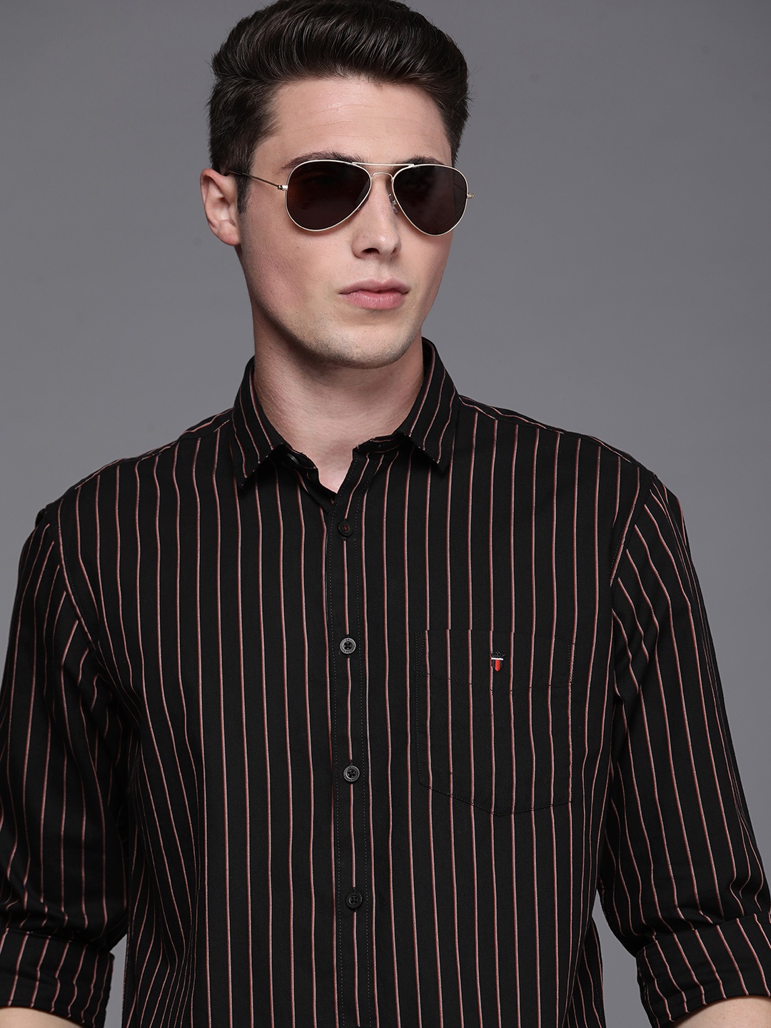 

Louis Philippe Sport Men Black And Red Slim Fit Striped Pure Cotton Casual Shirt