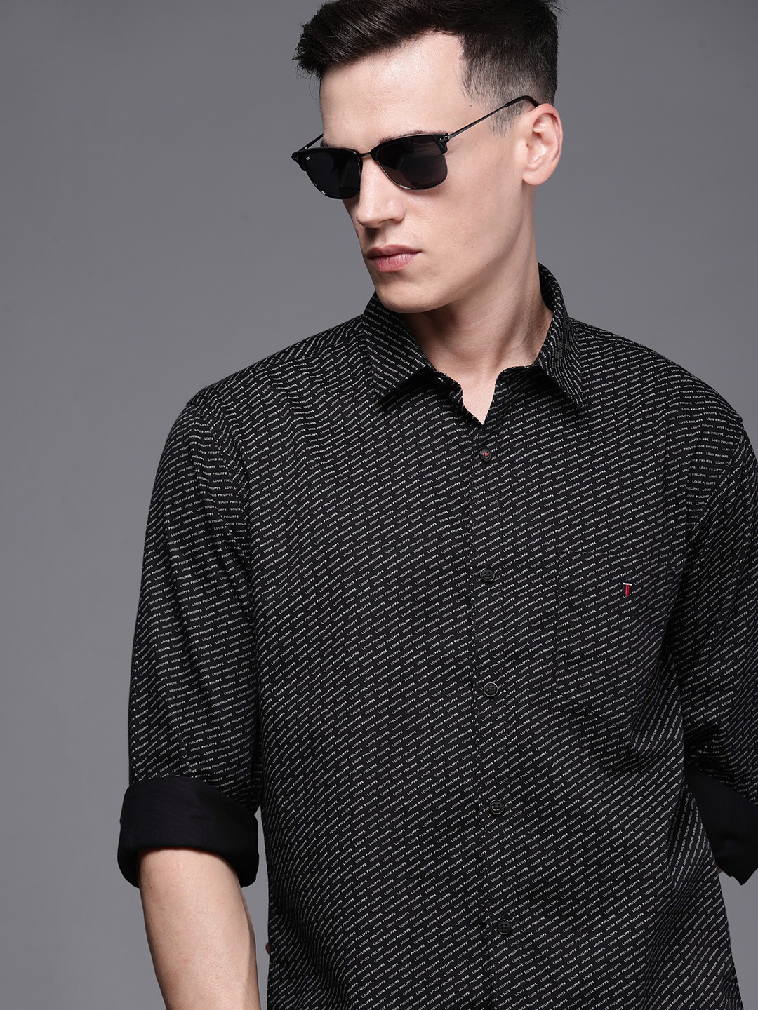 

Louis Philippe Sport Men Black Slim Fit Brand Logo Printed Pure Cotton Casual Shirt