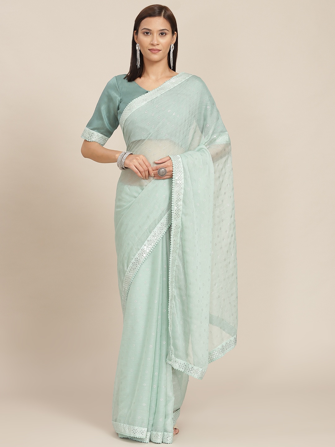 

SHUBHVASTRA Sea Green Ethnic Motifs Printed Sequinned Embellished Saree with Blouse Piece