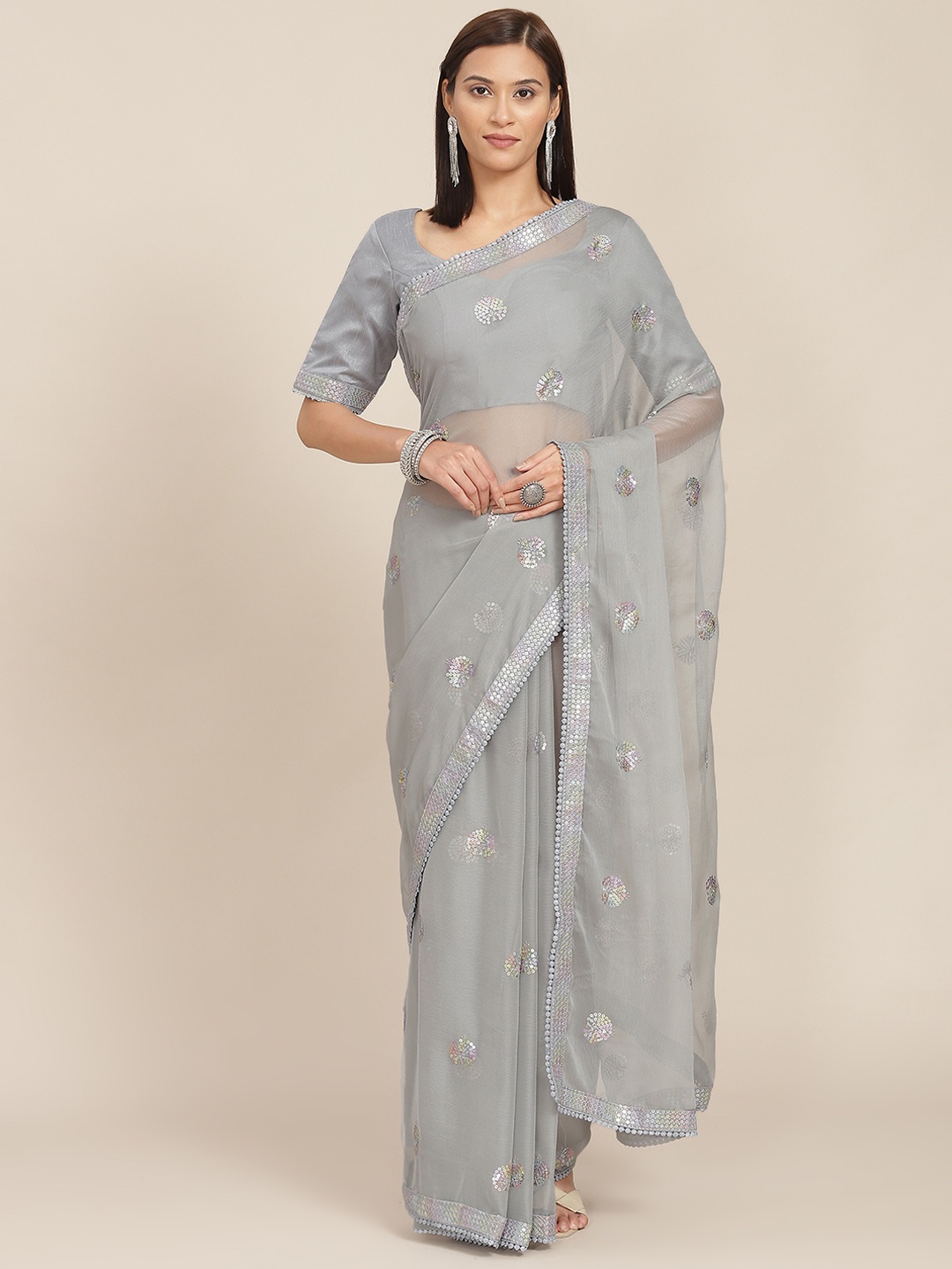 

SHUBHVASTRA Grey Sequinned Embellished Saree with Blouse Piece