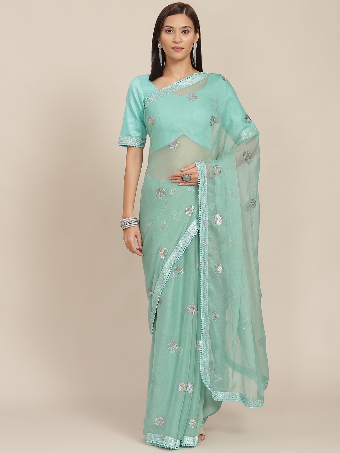 

SHUBHVASTRA Blue Sequinned Embellished Saree with Blouse Piece
