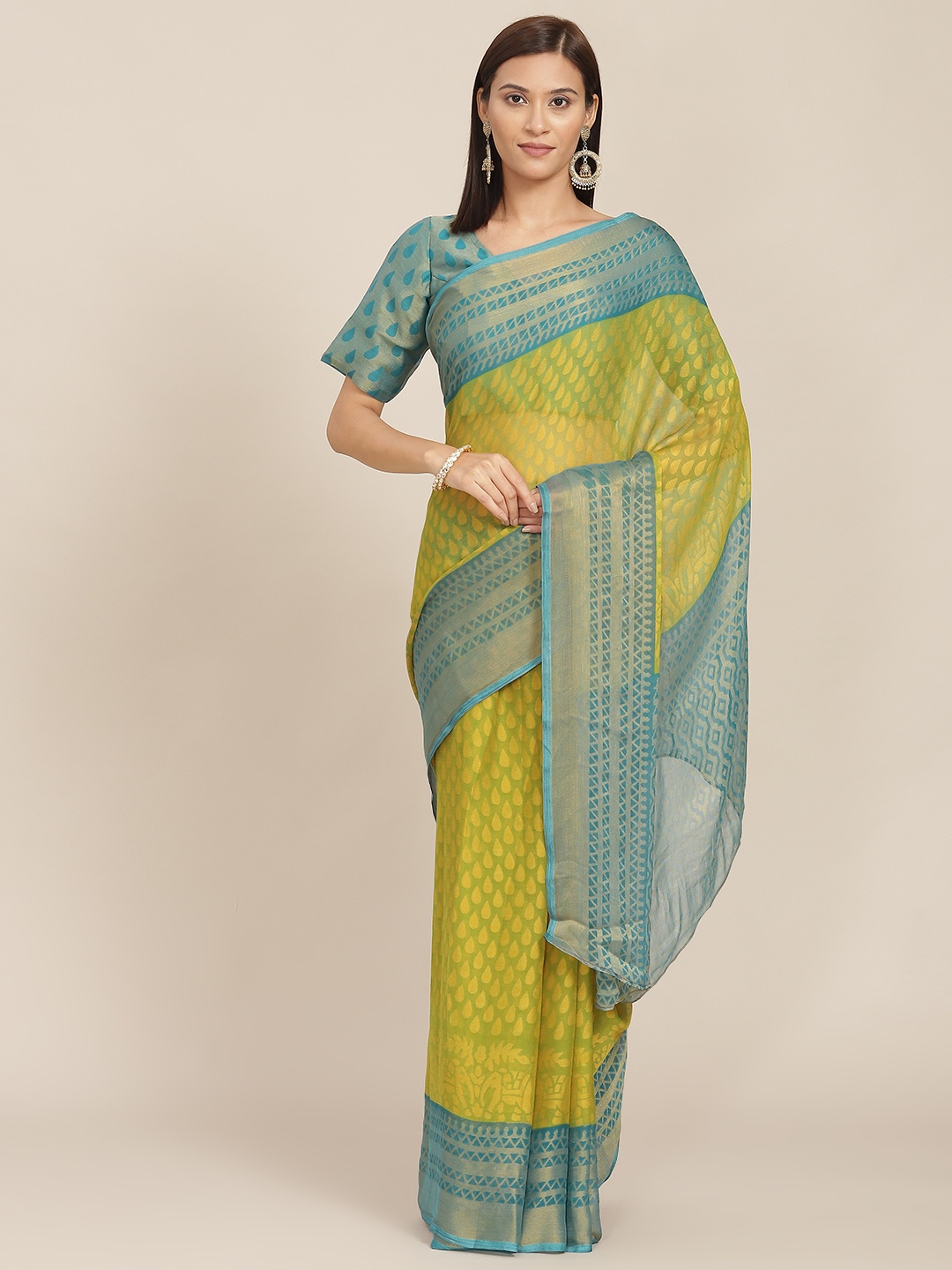 

SHUBHVASTRA Green Ethnic Motifs Printed Brasso Silk Saree with Blouse Piece