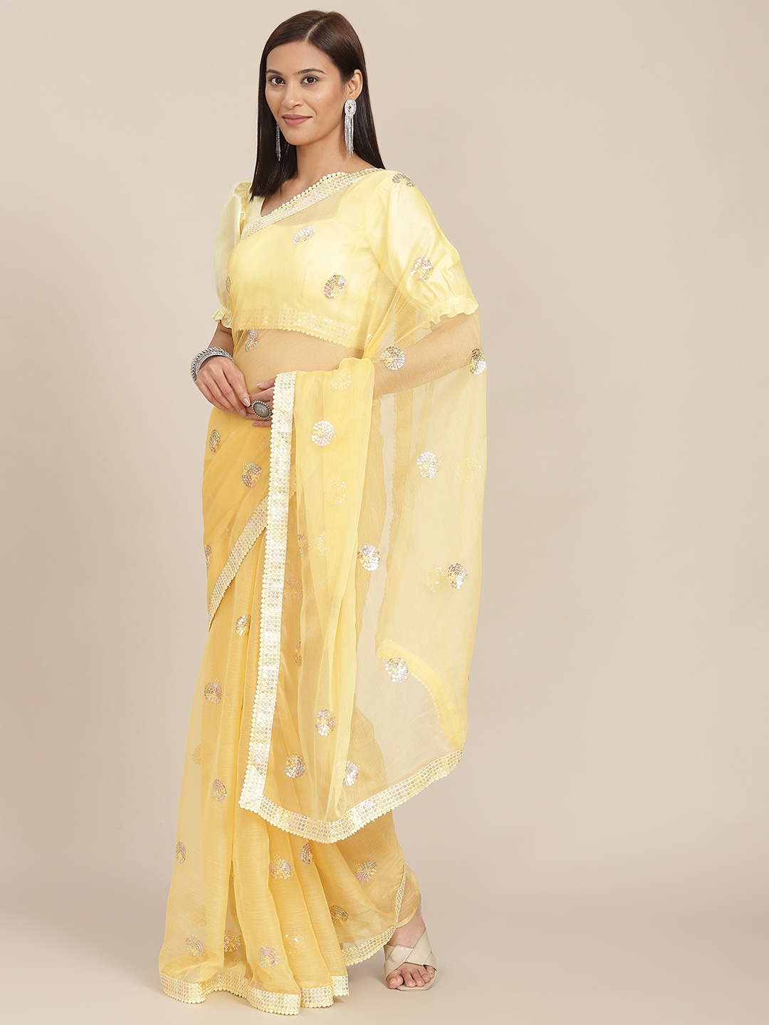 

SHUBHVASTRA Yellow Sequinned Embellished Saree with Blouse Piece