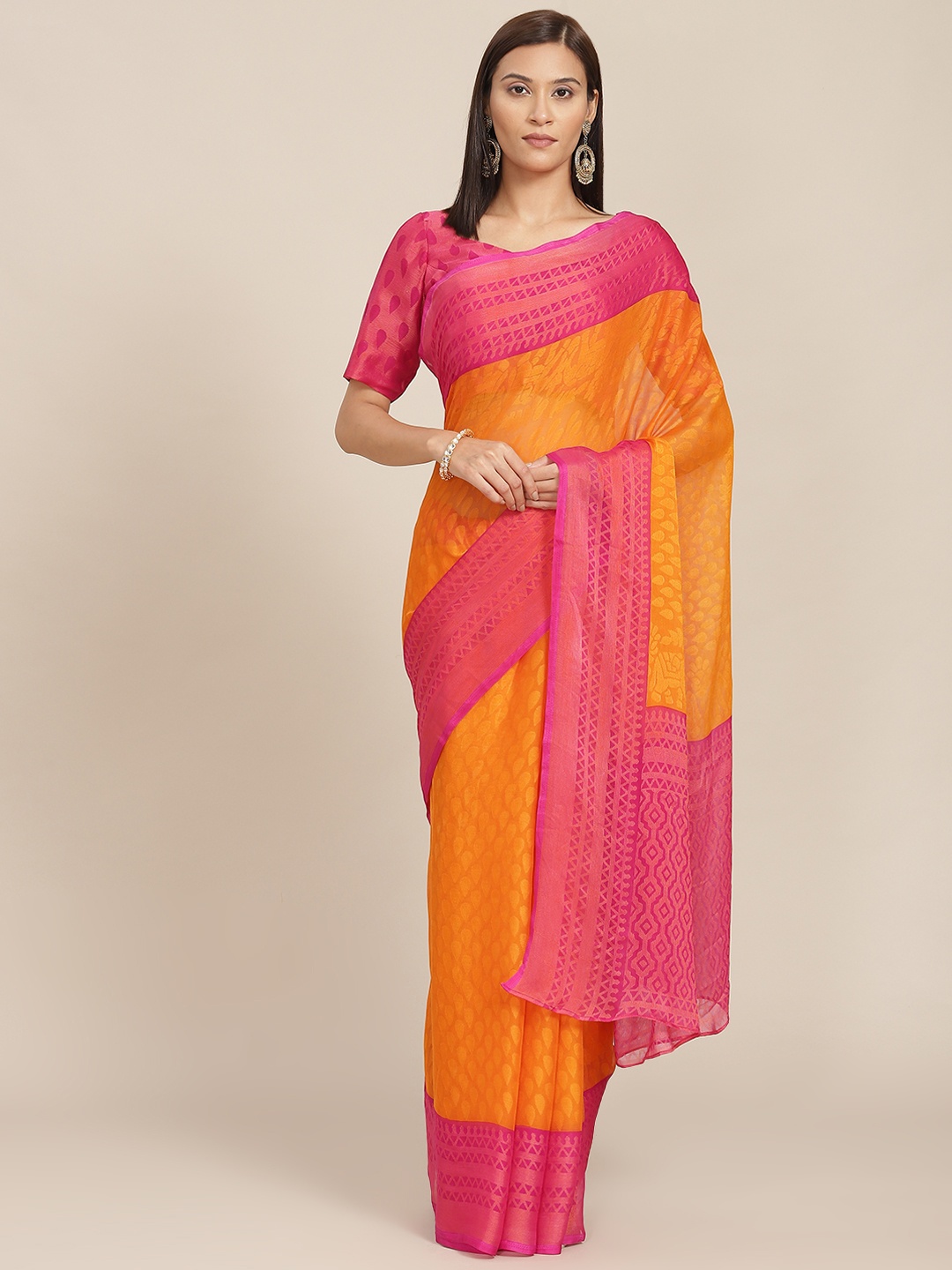 

SHUBHVASTRA Pink & Orange Ethnic Motifs Printed Brasso Silk Saree with Blouse Piece