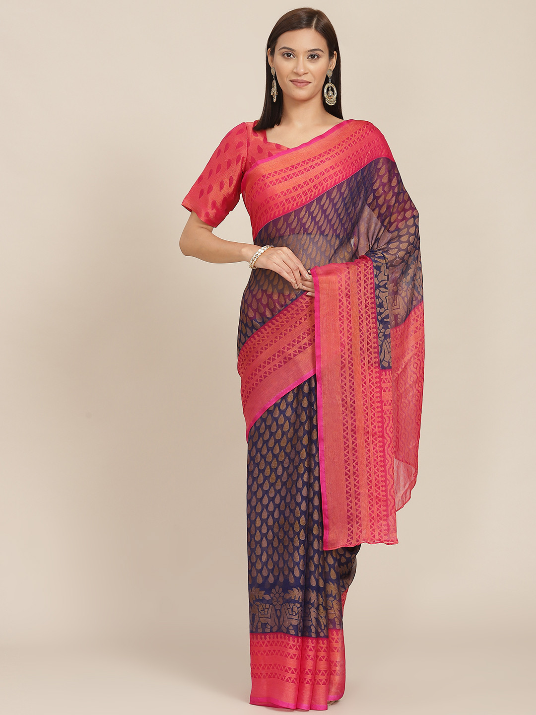 

SHUBHVASTRA Navy Blue & Pink Ethnic Motifs Printed Brasso Silk Saree with Blouse Piece