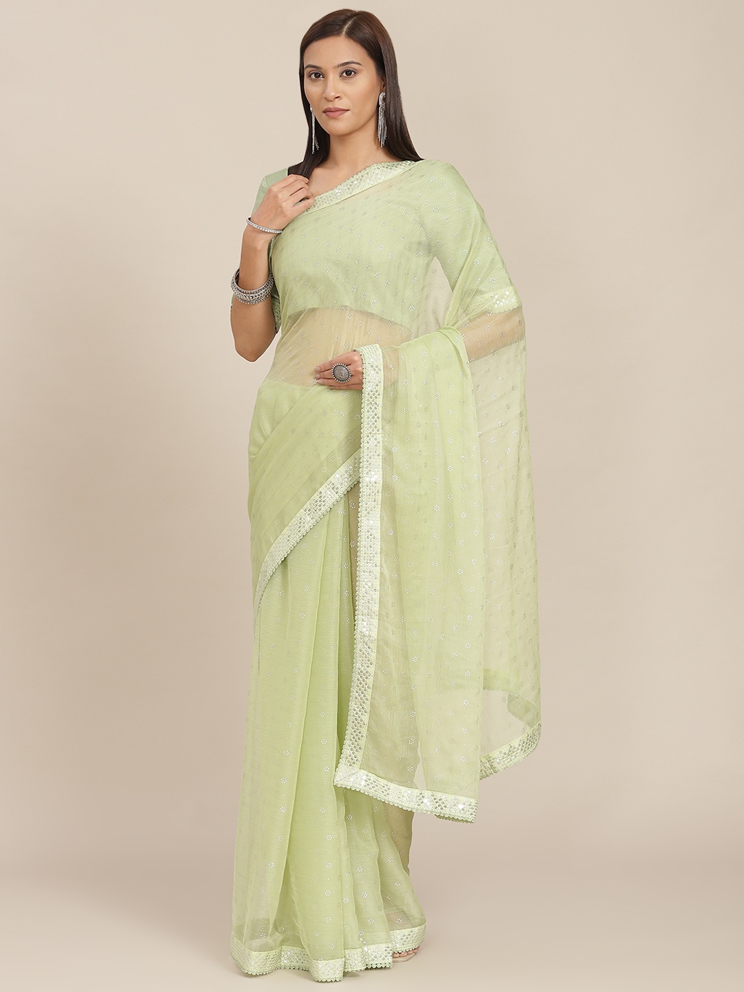 

SHUBHVASTRA Mint Green Ethnic Motifs Printed Sequinned Embellished Saree with Blouse Piece