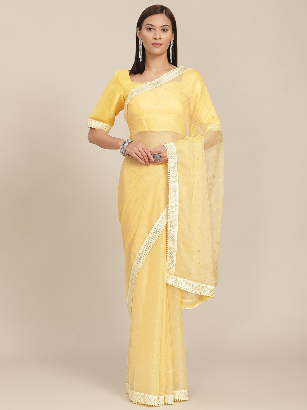 

SHUBHVASTRA Yellow Ethnic Motifs Printed Sequinned Embellished Saree with Blouse Piece