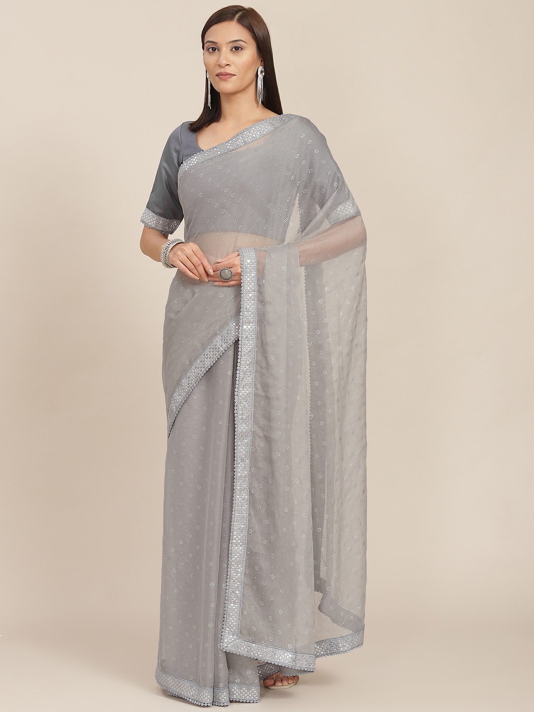 

SHUBHVASTRA Grey Ethnic Motifs Printed Sequinned Embellished Saree with Blouse Piece