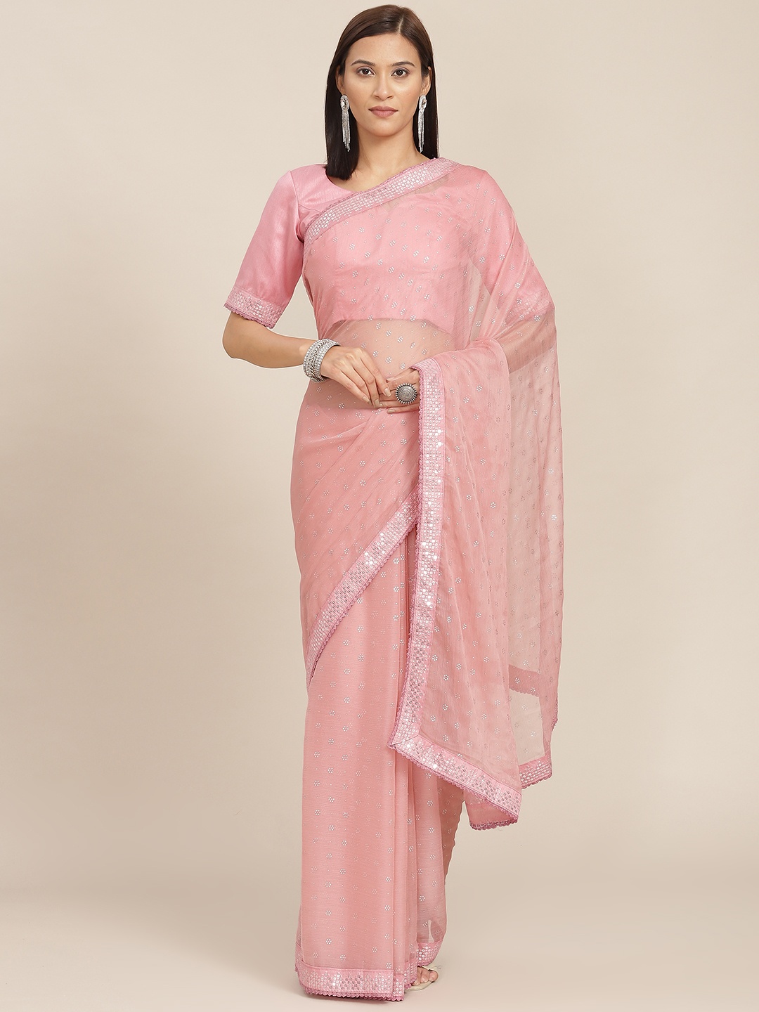 

SHUBHVASTRA Pink Ethnic Motifs Printed Sequinned Embellished Saree with Blouse Piece