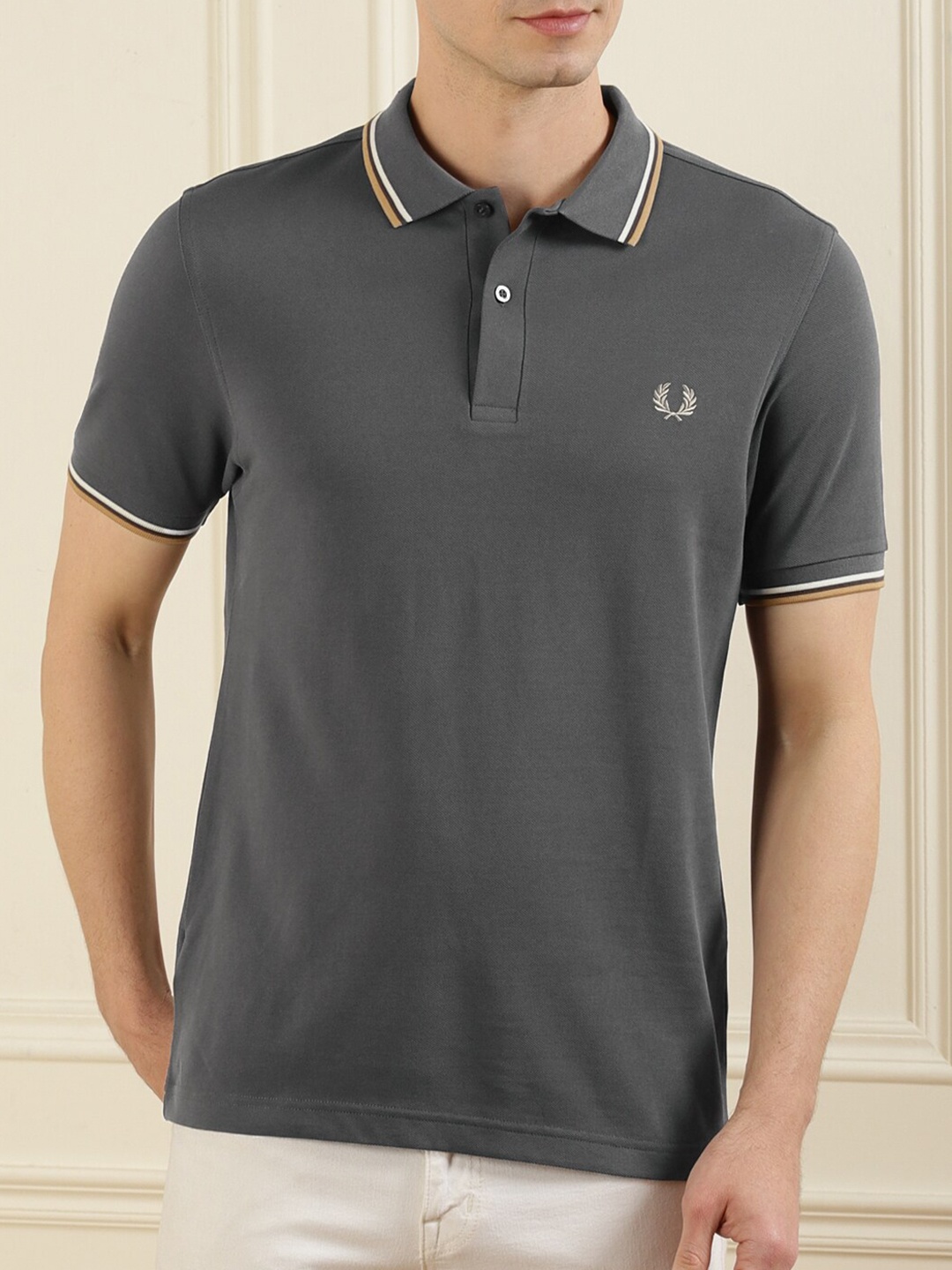 

Fred Perry Men Grey Solid Polo Collar Pure Cotton T-shirt
