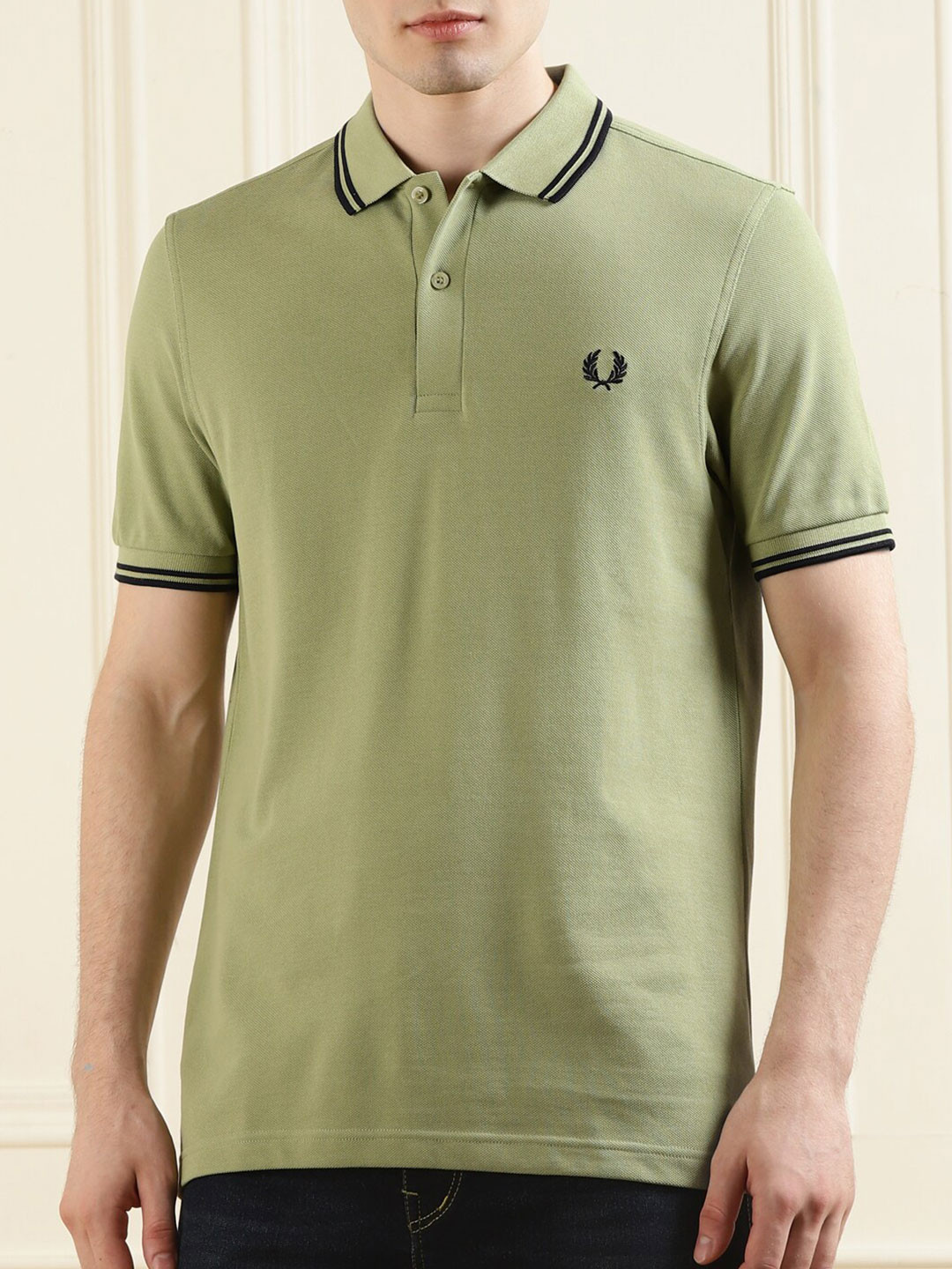 

Fred Perry Men Green Polo Collar Pure Cotton Applique T-shirt
