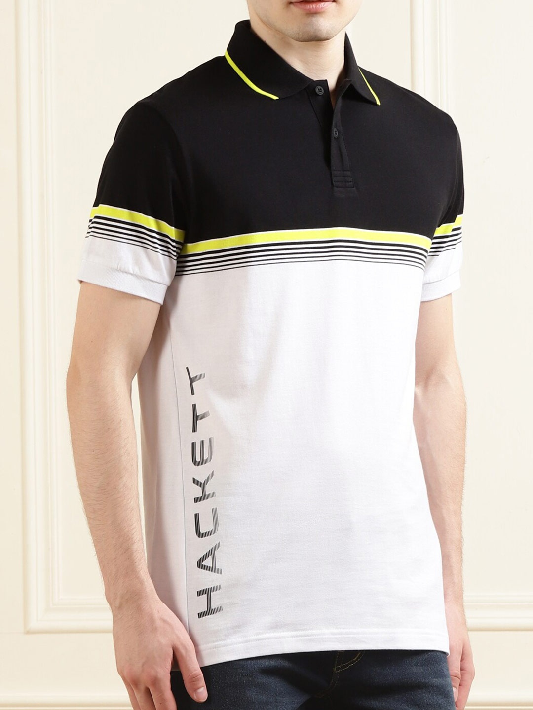

HACKETT LONDON Men Black Colourblocked Polo Collar Pure Cotton T-shirt