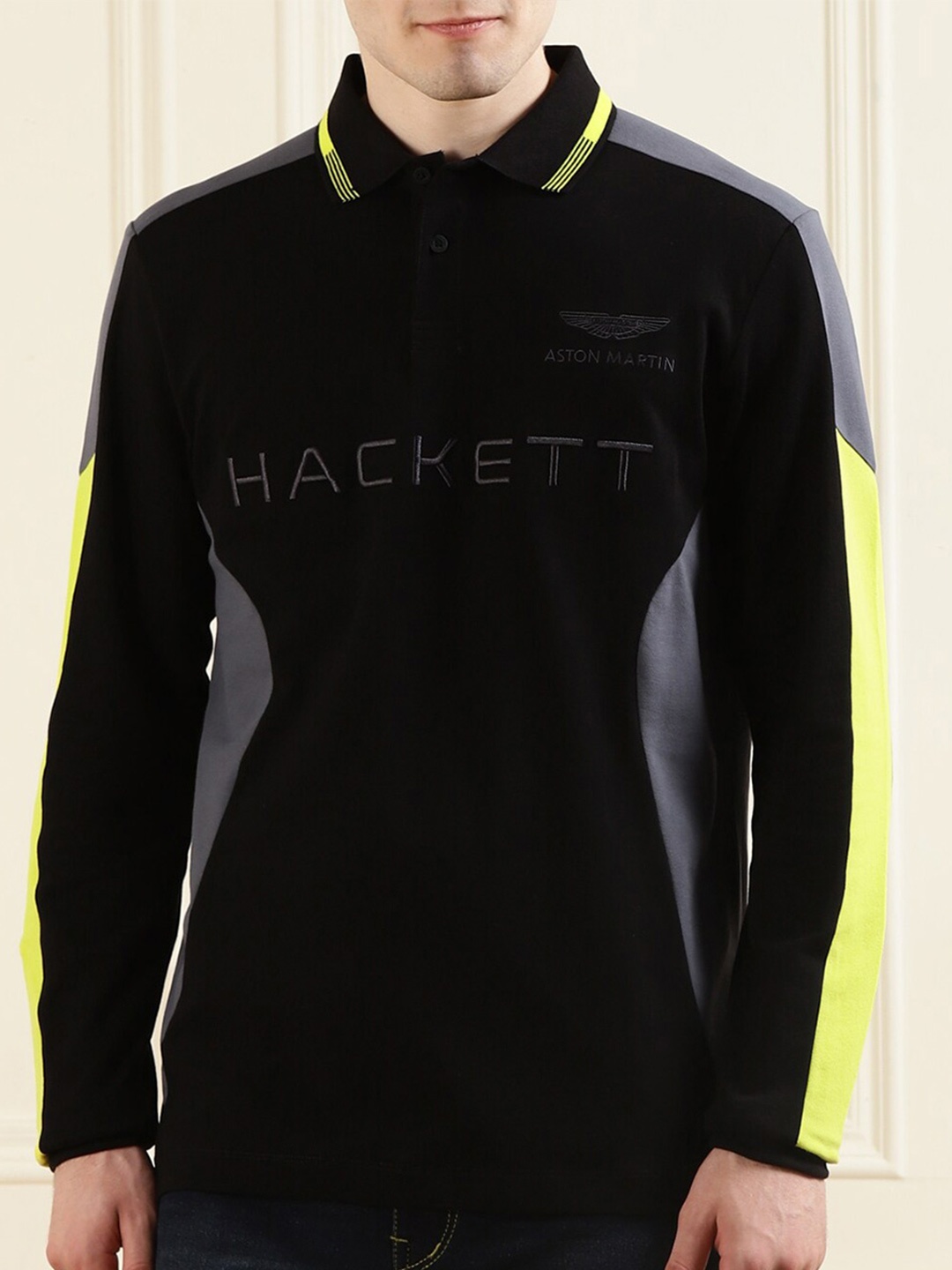 

HACKETT LONDON Men Black Typography Striped Polo Collar T-shirt