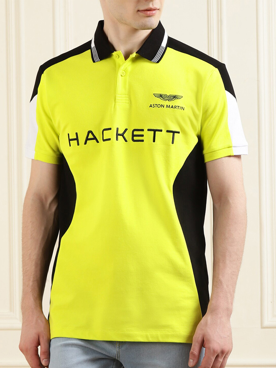 

HACKETT LONDON Men Yellow Typography Colourblocked Polo Collar T-shirt