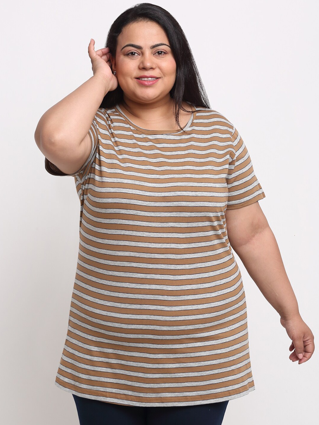

plusS Plus Size Women Brown & Grey Striped T-shirt