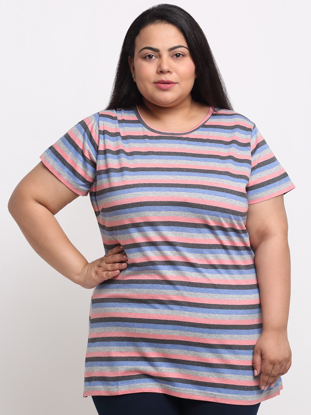 

plusS Women Plus Size Multicoloured Striped T-shirt, Multi