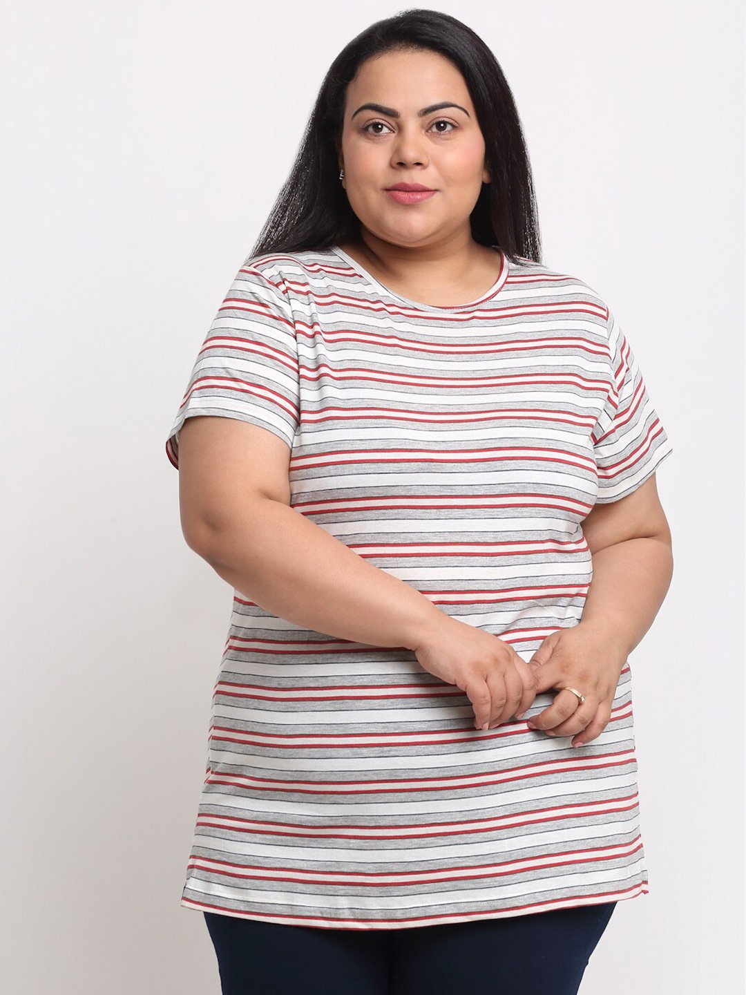 

plusS Women Plus Size Grey Striped T-shirt
