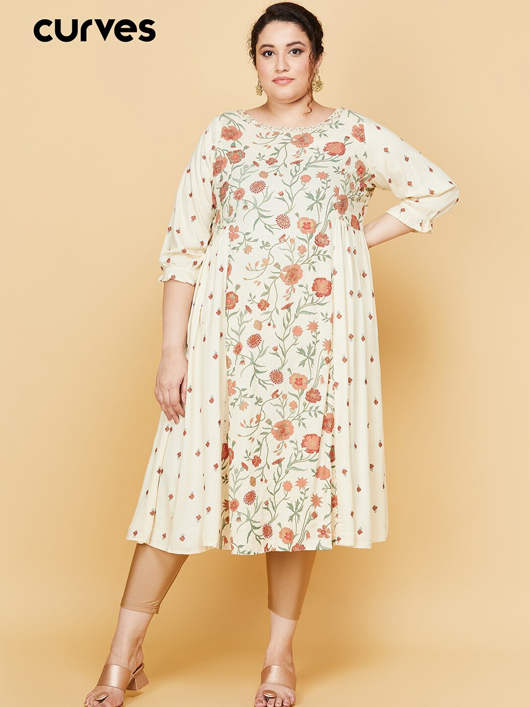 

max Women Off White Floral Printed Flared Sleeves Mirror Work Anarkali Kurta