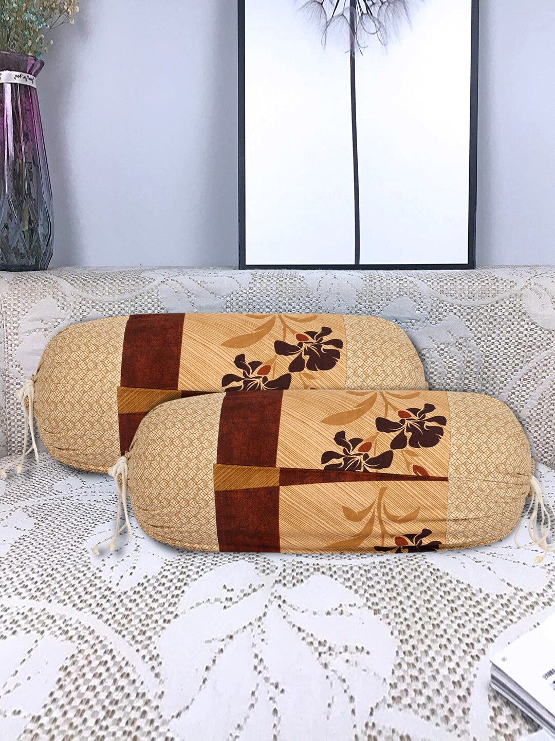 

Kuber Industries Set of 4 Floral Printed Cotton Bolster Cover, Brown