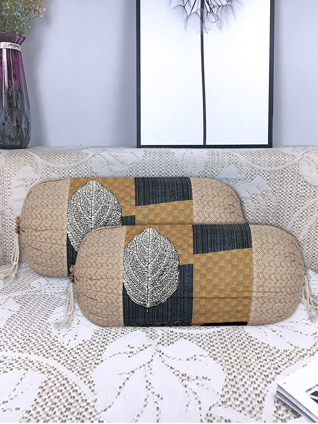 

Kuber Industries Set Of 2 Cream Coloured Printed Bolster Covers