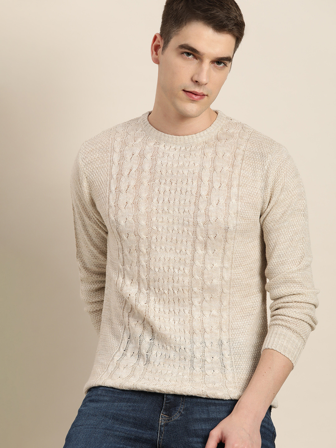 

INVICTUS Men Off White Self-Design Acrylic Cable Knit Pullover