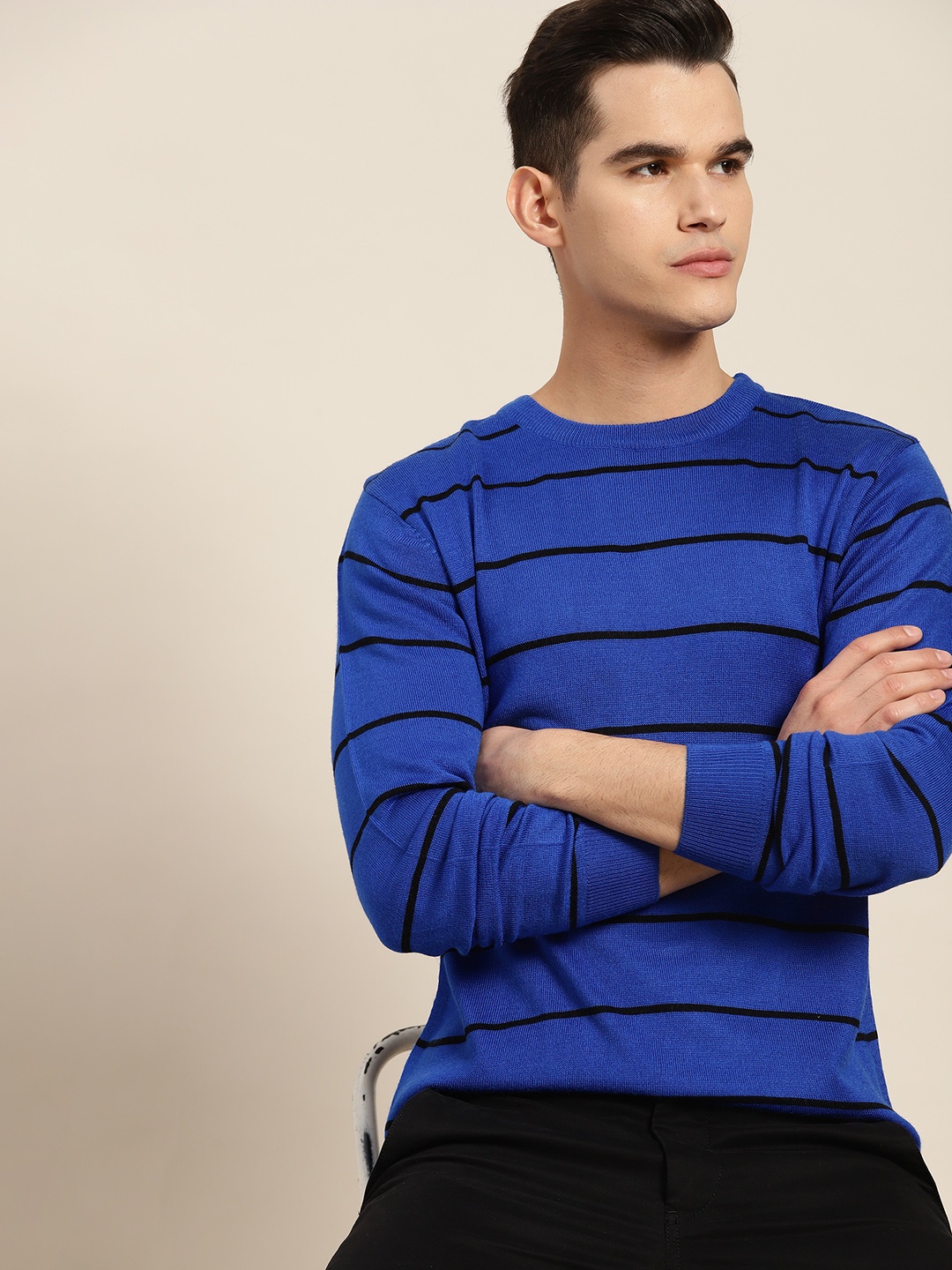 

INVICTUS Striped Acrylic Round Neck Pullover, Blue