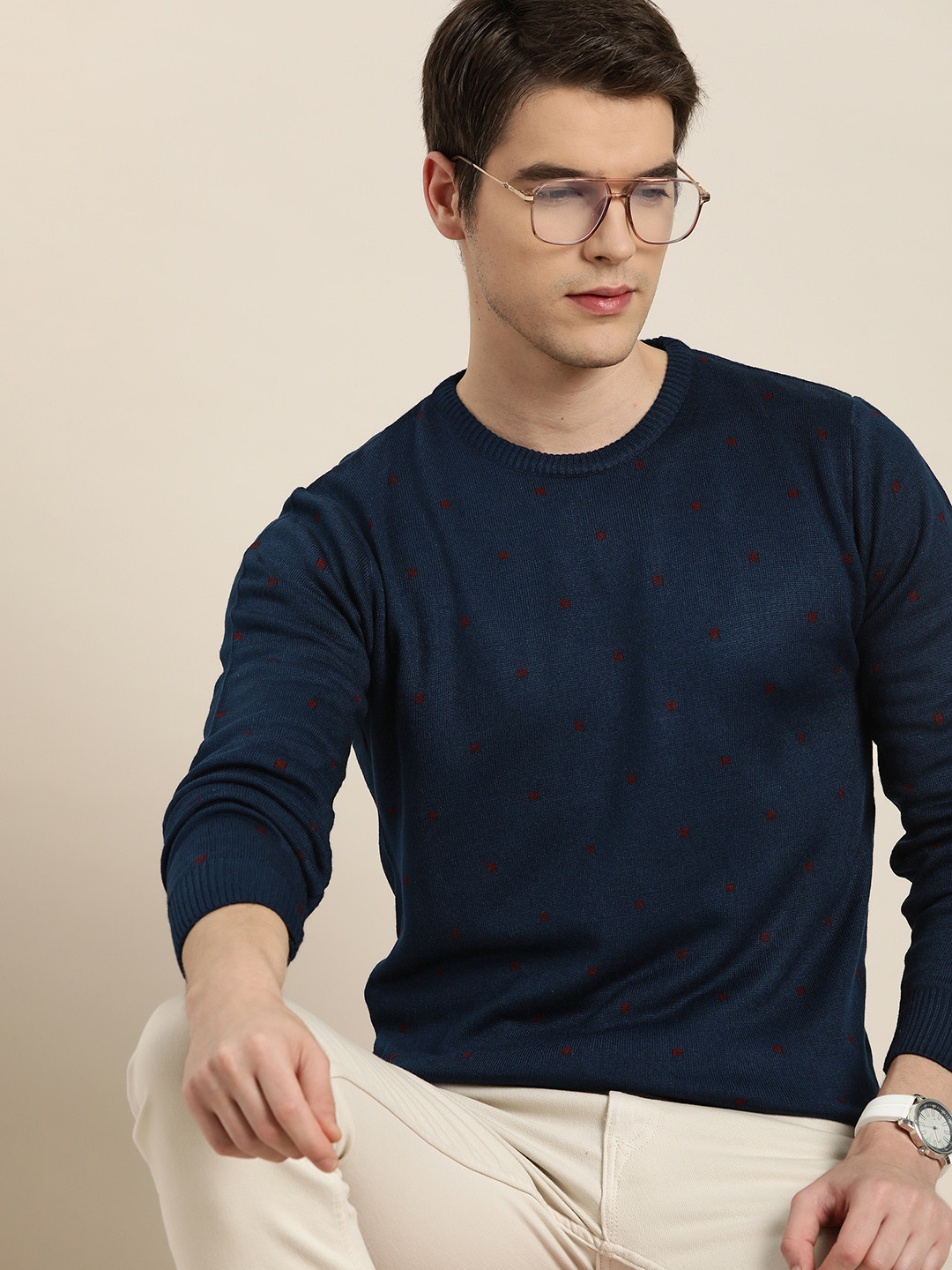 

INVICTUS Men Navy Blue & Maroon Geometric Pattern Acrylic Pullover