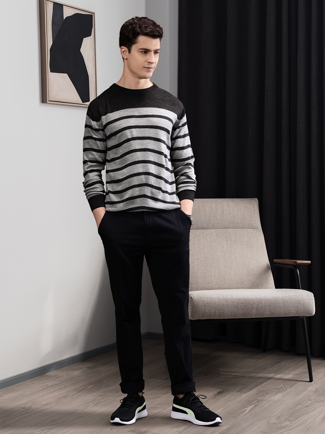 

INVICTUS Men Acrylic Striped Pullover, Grey