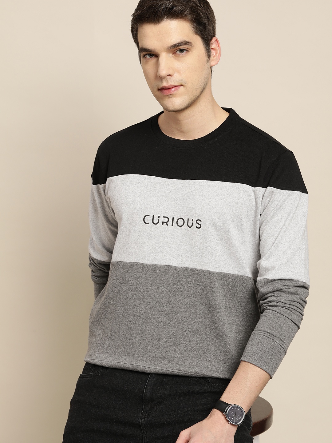 

INVICTUS Men Grey & Black Striped Pure Cotton Sweatshirt